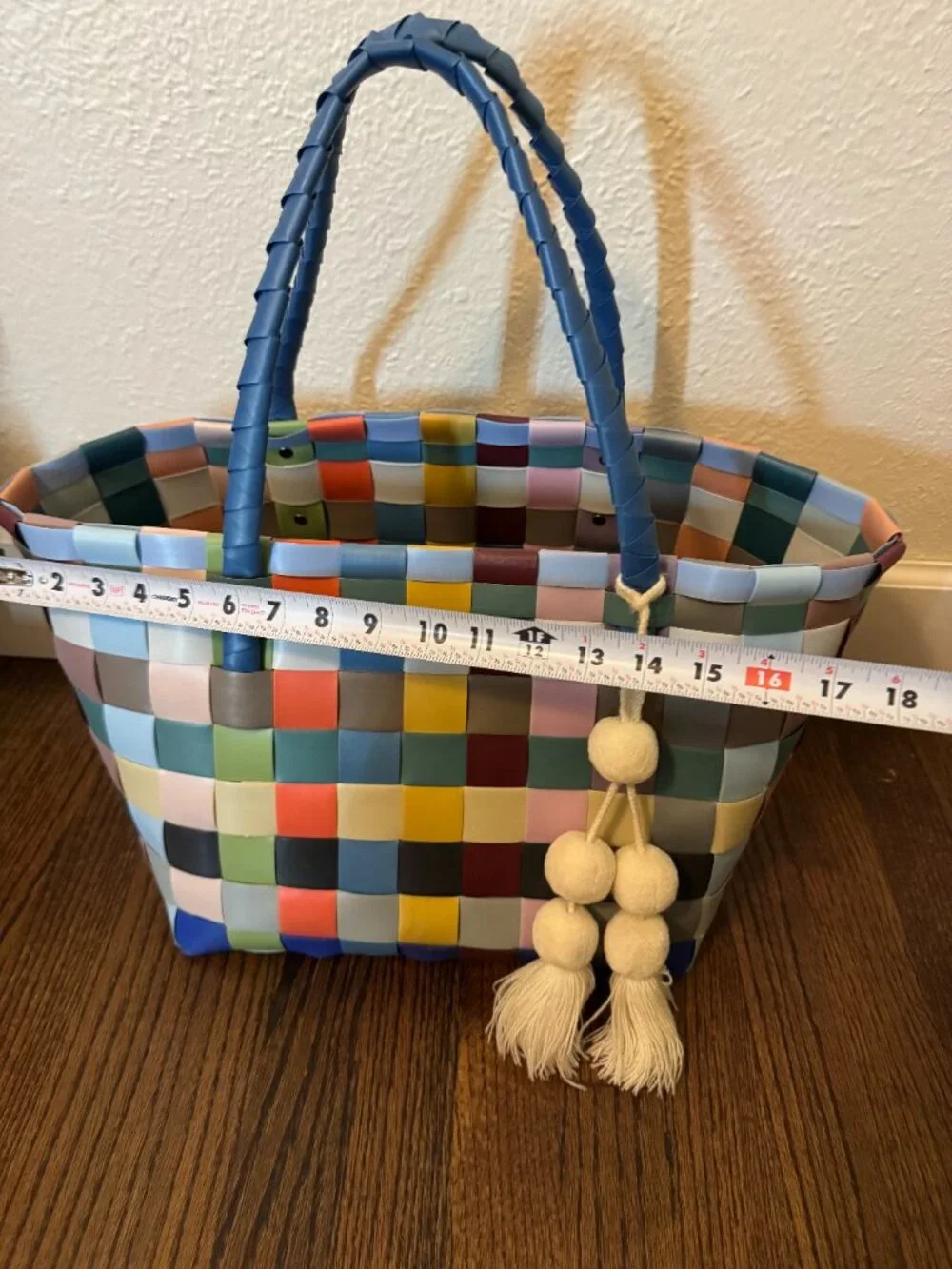 Handed By Paris Recycled Plastic Tote Bag Multi Color with Cream Pom Pom